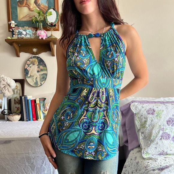Cache Tops - Vintage  Cache Blue and Green Paisley Tank Top with beaded Key Hole size medium